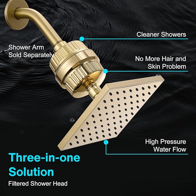 Cobbe High Pressure Filtered Shower Head Combo, Rain Shower Head with 20 Stage Shower Head Filter for Hard Water - Adjustable Replacement Remove Chlorine and Harmful Substances, Gold