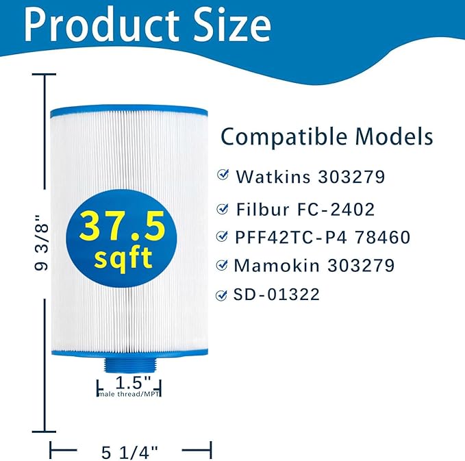 Hot Tub Filter Cartridges, FC-2402 Spa Filter Compatible with Watkins 303279, 78460, Pleatco PFF42TC-P4, Unicel 5CH-37, SD-01322, Hot Tub Filters, 1 1/2" MPT Thread 37.5sq.ft, 4 Pack