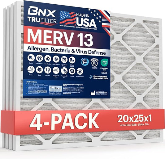BNX TruFilter 20x25x1 Air Filter MERV 13 (4-Pack) - MADE IN USA - Electrostatic Pleated Air Conditioner HVAC AC Furnace Filters for Allergies, Pollen, Mold, Bacteria, Smoke, Allergen, MPR 1900 FPR 10