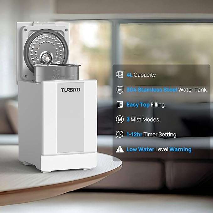 TURBRO 4L/1Gal 304 Stainless Steel Steam Humidifier Warm Mist Humidifier for Bedroom Baby Nursery, 500 mL/h Output, Dishwasher Safe, Easy to Clean, 2 Misting Levels with Sleep Mode, 1-12h Timer, GLS04