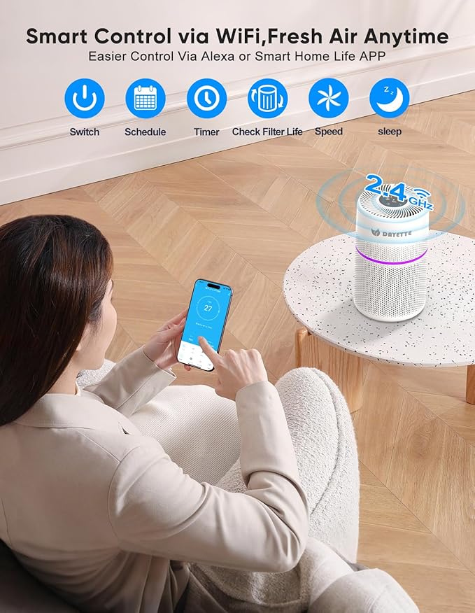 Air Purifiers for Bedroom with 7 Color Light, DAYETTE Smart Wifi H13 Air Purifier for Home Large Room Up to 1500 Ft², APP Control & 20 dB Sleep Mode for Dust Pollen Dander Smoke