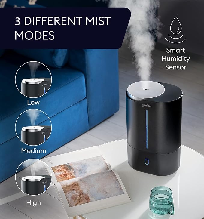Top Fill Humidifier with Essential Oil Diffuser 6L for Home, Baby, Bedroom, Large Room & Indoor Plants, Cool Mist Ultrasonic Quiet Air Humidifiers, Automatic Humidity Control, Night Light (6L, Black)