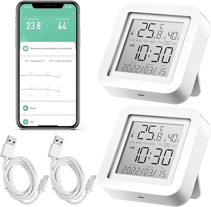 Flutesan 2 Pcs Smart Wireless Temperature Monitor Humidity Monitor Wireless Hygrometer Thermometer Digital Room Compatible with APP Notification Alert and LCD Display House