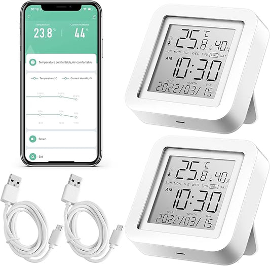 Flutesan 2 Pcs Smart Wireless Temperature Monitor Humidity Monitor Wireless Hygrometer Thermometer Digital Room Compatible with APP Notification Alert and LCD Display House