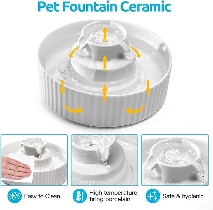 2.1L Ceramic Cat Water Fountain-for Cats and Dogs, 360 Ceramic Pet Fountain-70 Oz Large Water Capacity - Whisper-Quiet Water Flow-Great for Shy or Timid Pets - Fresh, Filtered Water(White)