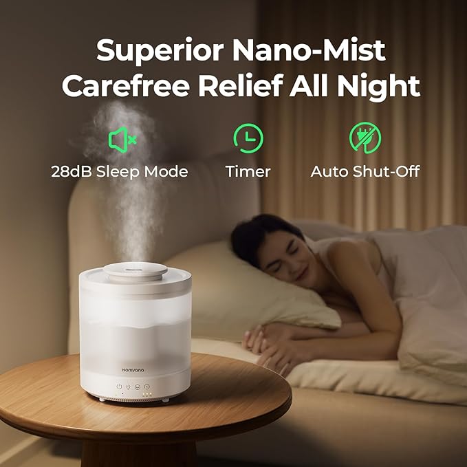 Homvana Small Humidifiers for Bedroom - 2 Packs 1.8L Cool Mist Top Fill Humidifier for Baby Nursery, Essential Oil Diffuser, 3 in 1 for Home Plants Offices and Grow Tents, 7 Color Lights, Ultrasonic