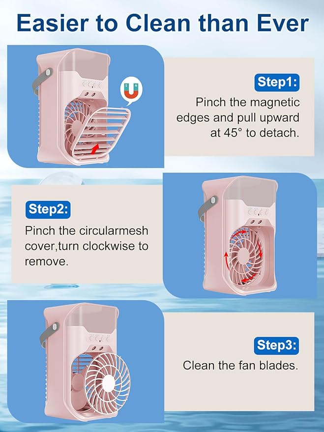 Portable Air Conditioner, 1500ML, Removable & Washable Fan Blades, Timer Function, 4 Speeds, 2 Cool Mists, 7-Color Light, Personal Evaporative Air Cooler for Home, Office, Bedroom, and Camping-Pink