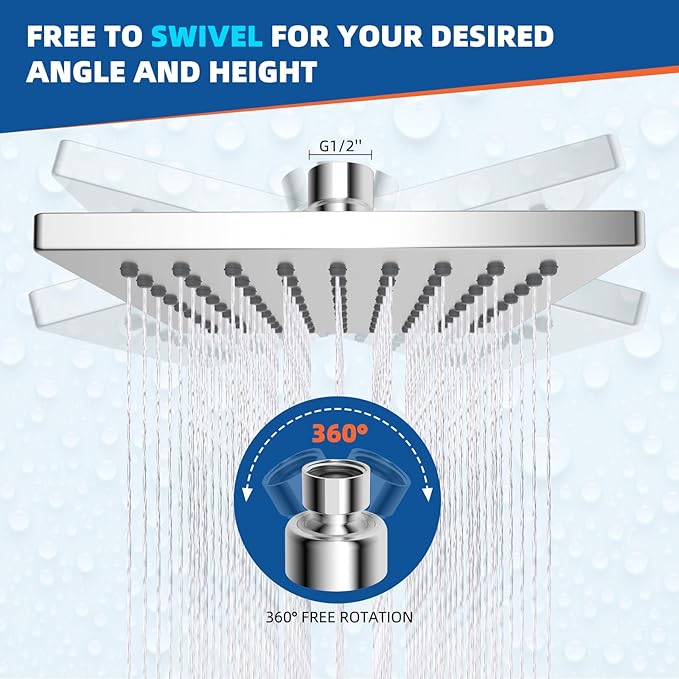 Hibbent Thickness Metal Rain Shower Head, 6 Inch High Pressure Rainfall Shower Head, Square Bathroom Waterfall Shower Heads, High Flow Fixed Showerheads with Adjustable Brass Ball Joint, Chrome