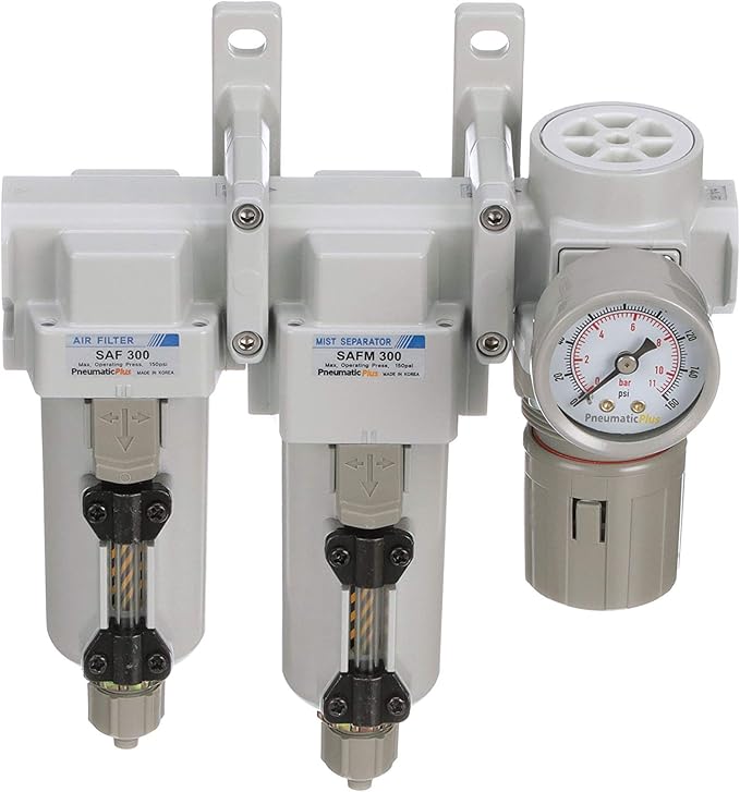 PneumaticPlus SAU330-N03G-MEP Three Stage Compressed Air Drying System - Particulate Air Filter, Coalescing Filter, Air Pressure Regulator Combo 3/8" NPT - Metal Bowl, Manual Drain, Gauge