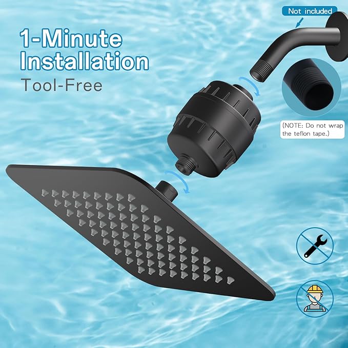 8'' High Pressure Filtered Shower Head Combo 20 Stage Shower Filter for Hard Water, Removes Chlorine & Harmful Substances (Matte Black)