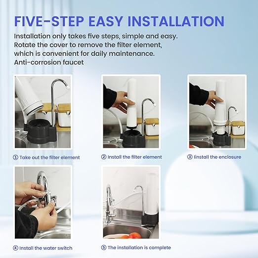 Countertop Filter Water System, 5-Stage Alkaline Water Filter, 8000 Gallons Faucet Water Filter with 1 Washable Ceramic Filter (BS-10-M12)