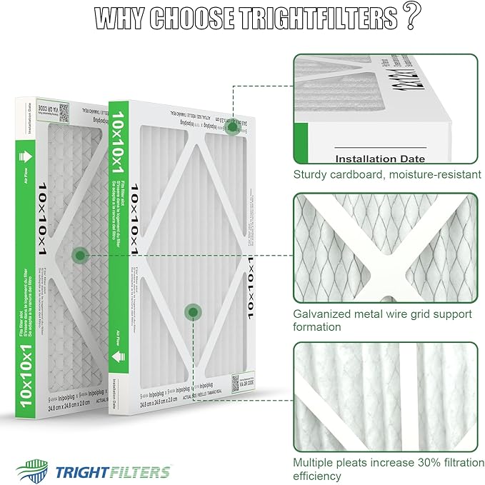 10x10x1 Air Filter 6 Pack, Durable MERV 8 Pleated Home HVAC AC Furnace Filters, Lightweight Compact Air Conditioner Filter Replacement