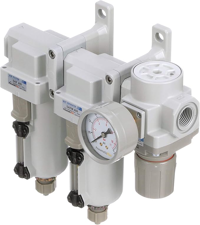 PneumaticPlus SAU430-N06G-MEP Three Stage Air Drying System Particulate Air Filter, Coalescing Filter, Air Pressure Regulator Combo 3/4" NPT - Metal Bowl, Manual Drain, Bracket, Gauge