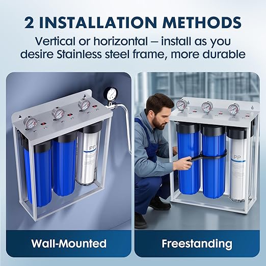 Whole House Water Filter System,Iron Manganese Filter,Top-Tier 3 Stage Water Purifier with Sediment & Carbon Filter,Deeply Adsorb 99% Stains Yellowing,Laundry,Lead,Arsenic,Metallic Taste,20x4.5Inch