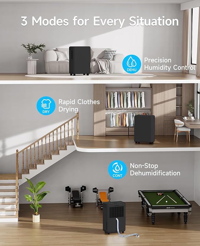 2000 Sq. Ft Dehumidifier for Basement, 30 Pint Dehumidifiers for Home, Bedroom and Bathroom, 3 Modes Dehumidifier with Drain Hose, Smart Humidity Control, 24H Timer (Black)