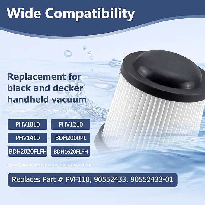 PVF110 Filter Replacement for Black and Decker Handheld Pivot Vacuums PHV1810, PHV1210, PHV1410, BDH2000PL, BDH2020FLFH, BDH1620FLFH, Part # 90552433, Washable Hand Vac Filters, 6 Pack