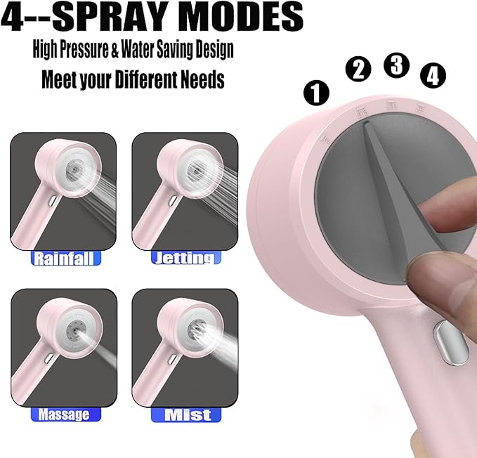 High Pressure Shower Head with Handheld, with Pause Switch 4 Spray Modes Water Saving Showerhead,Showerhead Set with Hose, Bracket and Cotton Filter, (pink)