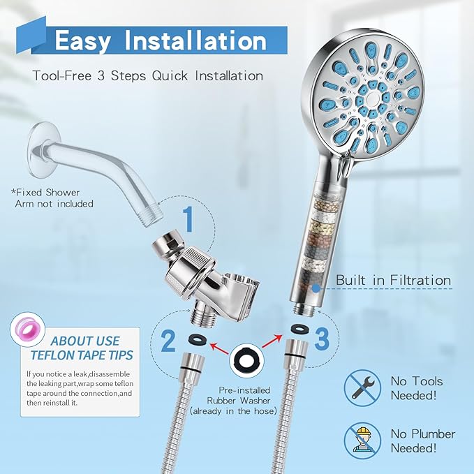 VXV 5 Inch Filtered Shower Head with Handheld, Removes Chlorine & Hard Water, High Pressure 8-Mode, Built in Power Wash, Showerhead with 71" Shower Hose & Shower Bracket(Chrome)