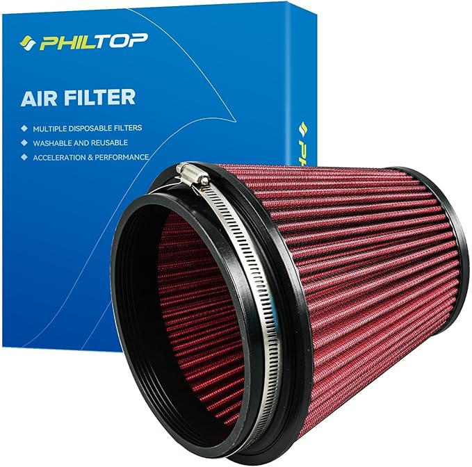 PHILTOP Universal Clamp-On Air Intake Filter, RU-1042,High Performance, Premium, Washable, Replacement Filter, Flange Diameter: 6 In, Height: 6.5 In, Flange Length: 1 In, Shape: Round Tapered