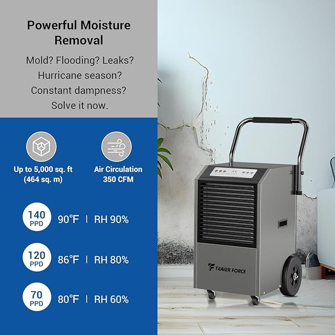 Traver Force Commercial Dehumidifier, 140 Pint Large Dehumidifier with Pump Drain Hose, Up to 5,000 sq. ft, for Crawl Space, Basement, Warehouse, Water Damage Restoration, Job Sites