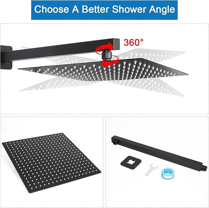 HarJue Shower Head with Extension Arm, High Pressure Square with ShowerArm, Stainless Steel Rainfall-Waterfall Full Body Coverage (10'' Shower with 16'' Arm, Matte Black)