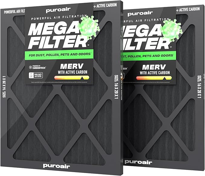 PuroAir Mega Filter - MERV 13 16x20x1 Air Filters For Home With Activated Carbon - Filters Allergens, Pet Dander, Smoke, Dust - Furnace and AC Filters - Air Filters 16x20x1 MERV 13 (2 Pack)