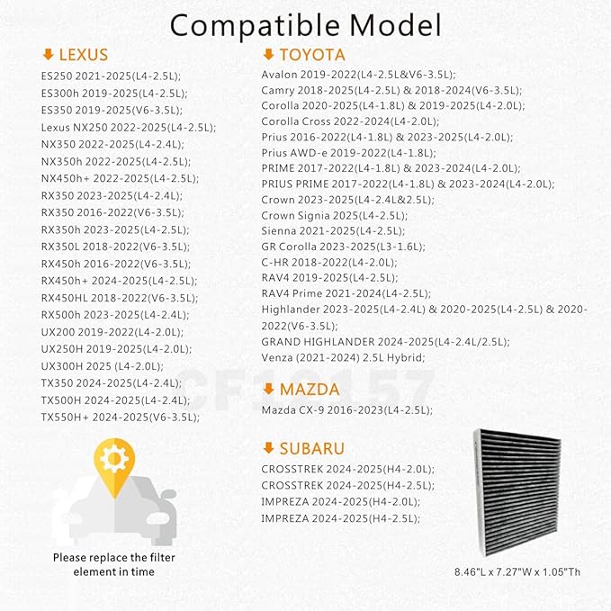 CF12157 Cabin Air Filter with Activated Carbon Compatible with Mazda CX-9, Lexus ES300h/ES350/RX350/RX450h/UX200, Toyota Avalon/Camry/Corolla/Highlander/Prius/RAV4/Sienna/Venza, Subaru