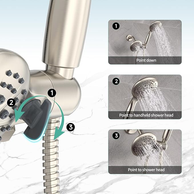 SR SUN RISE Shower System with Handheld Shower and Rain Shower Combo Set High Pressure 5-spray Dual 2 in 1 Shower Faucet Patented 3-way Diverter Brushed Nickel (Valve Include）