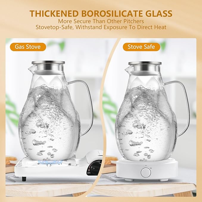 Glass Pitcher With Lid, 102oz Unique Petal Design, Stainless Steel Large Iced Tea Pitcher, Easy To Clean Lightweight Borosilicate Glass For Cold And Hot Beverages