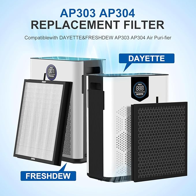 AP303 AP304 Replacement Filters, Compatible with DAYETTE ＆ FRESHDEW Air Puri-fier AP303/AP304, 3-in-1 Filtration System Replacement Filters,4 Pack
