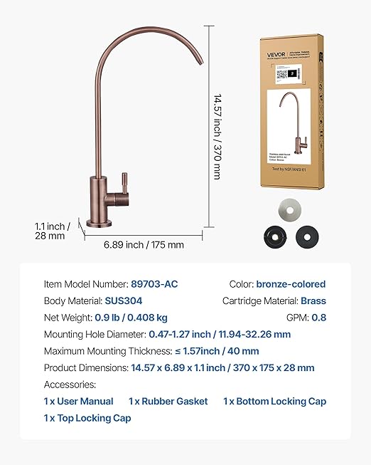 VEVOR Water Filter Faucet, RO Drinking Faucet with Lead-Free Brass Valve, 304 Stainless Steel, 0.8 GPM Flow Drinking Water Tap, Fits Most Reverse Osmosis & Water Filtration System, Antique Bronze