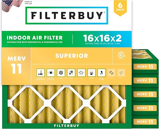 Filterbuy 16x16x2 Air Filter MERV 11 (MPR 1200) Allergen Defense Replacement (6-Pack), Electrostatic Pleated HVAC AC Furnace Filters, Made in USA (Actual Size: 15.50 x 15.50 x 1.75)