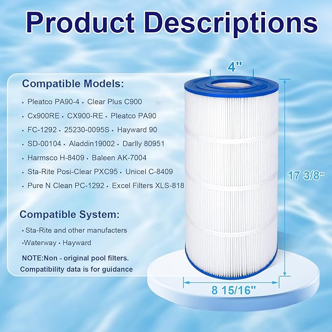 NSF Certified Pool Filter Cartridge Compatible with Hayward C900, CX900RE, Pleatco PA90, Unicel C-8409, Filbur FC-1292, Sta-Rite PXC95, Ultral-B6, 90 sq.ft, L x OD: 17 3/8" x 8 15/16" 1 Pack