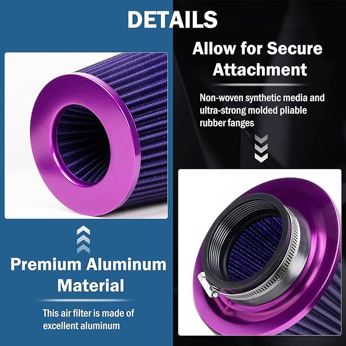 Universal Clamp-On Air Intake Filter, High Performance, Washable Filter, Replacement Air Filter, Flange Diameter 3inch/76mm (Purple)
