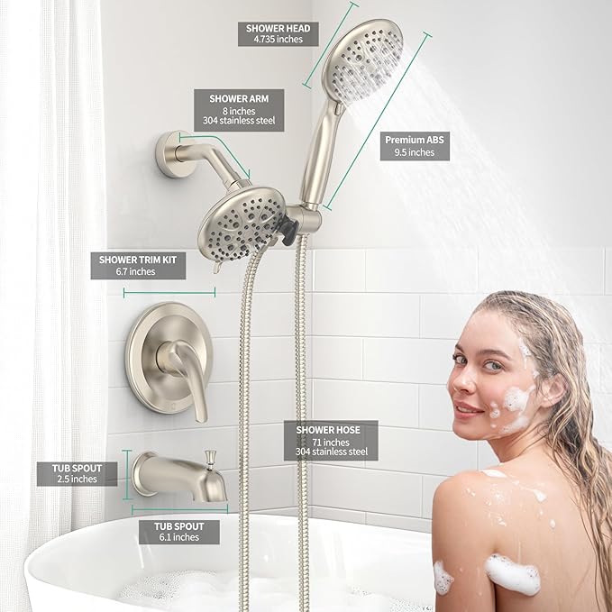 SR SUN RISE Shower System with Tub Spout Rain Shower Tub Set, High Pressure 35-Function Dual 2-in-1 Shower Combo Faucet with Valve, Patented 3-Way Water Diverter in Brushed Nickel (Valve Included)