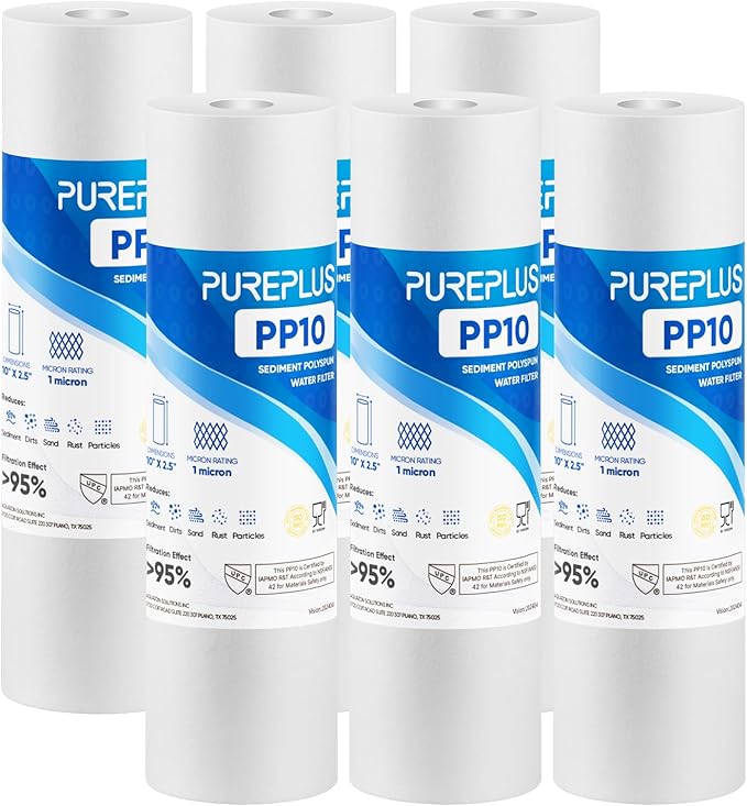 PUREPLUS 1 Micron 10" x 2.5" Whole House Sediment Home Water Filter Cartridge Replacement for Any 10 inch RO Unit, Culligan P5, Aqua-Pure AP110, Dupont WFPFC5002, CFS10, WHKF-G05, 6Pack