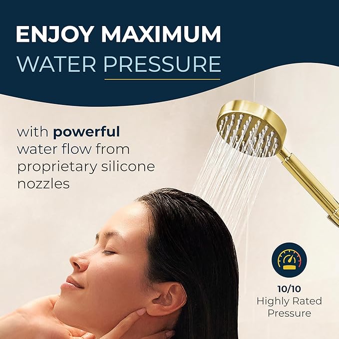 HammerHead Showers® Solid Metal Handheld Shower Head with Hose and Brass Holder - BRUSHED GOLD - 2.5 GPM High Pressure Shower Heads with Adjustable Shower Wand Bracket - 6ft Flexible Extension