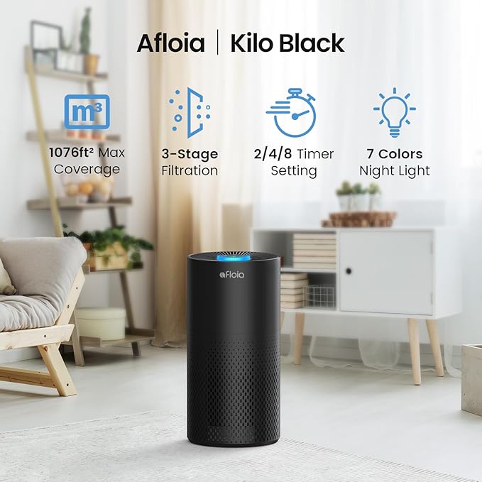 Afloia Air Purifiers for Home Large Room Up to 1076 Ft², 3-Stage Filter Air Purifiers for Bedroom 22 dB, Air Purifiers for Pets Dust Dander Mold Pollen Odor Smoke, Kilo Black, 7 Colors Light