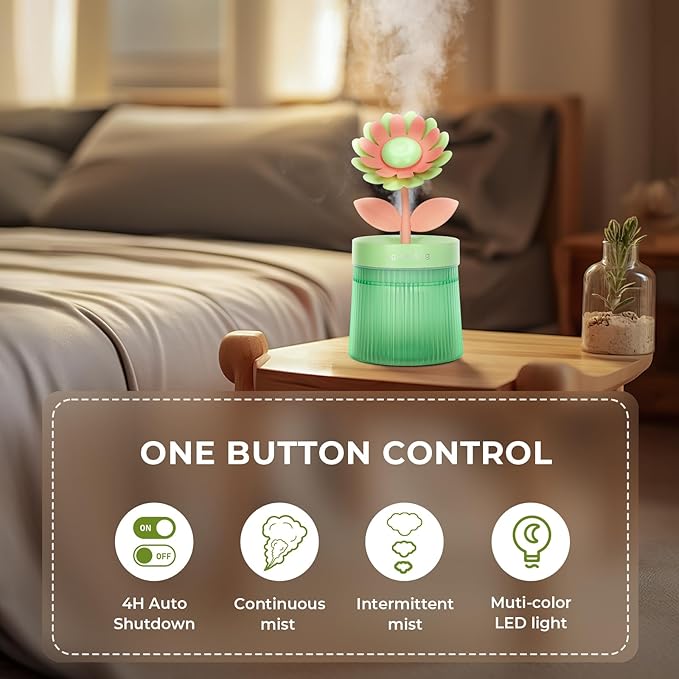 Cute Flower Mini Humidifier, 260ml Sunflower Desktop Humidifiers for Bedroom, Portable Small Cool Mist Humidification for Home, Baby Nursery, Office & Indoor Plants, USB Powered (Green)