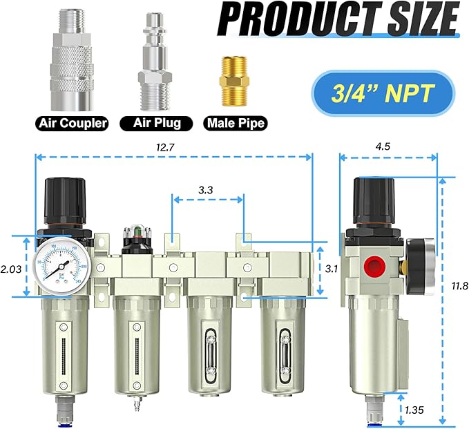4 Stage Heavy Duty Industrial Grade 3/4" NPT Air Drying System, Auto Drain,Coalescing Filter,Particulate Filter,Double Desiccant Dryer and Air Regulator For Plasma Cutter and Paint Spray