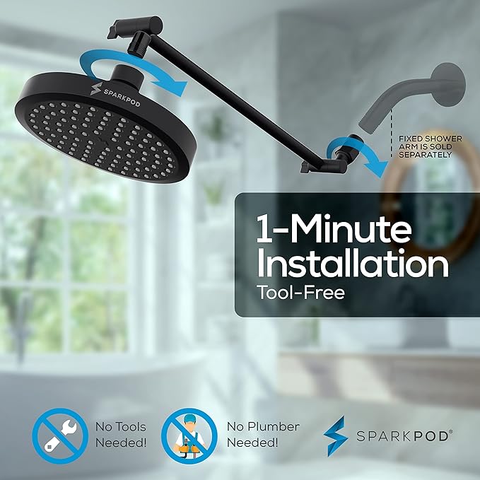 SparkPod Round Rain Shower Head with Shower Head Extension Arm - High Pressure Rain - Luxury Modern Look - No Hassle Tool-less 1-Min Installation (16" Shower Arm Extension, Midnight Black Matte)