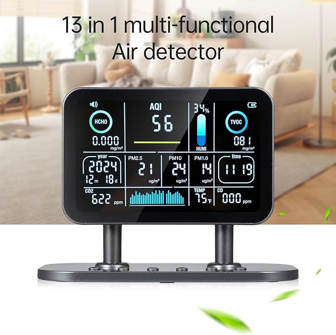13 in 1 Professional Indoor Air Quality Monitor,Smart Air Quality Monitor WiFi,Formaldehyde Detector Tester,Date Time Display,for HCHO/CO/CO2/TVOC/AQ1/PM1.0/PM2.5/PM10