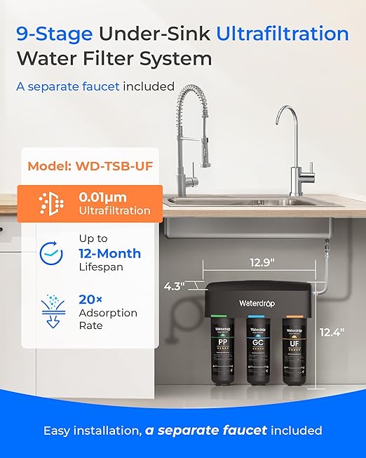 Waterdrop TSB-UF 0.01 μm Ultra Filtration Under Sink Water Filter System, 9 Layer Under Sink Water Filtration System, Reduces Chlorine, Fluoride, Taste and Odor, with A Separate Faucet, Quick Change