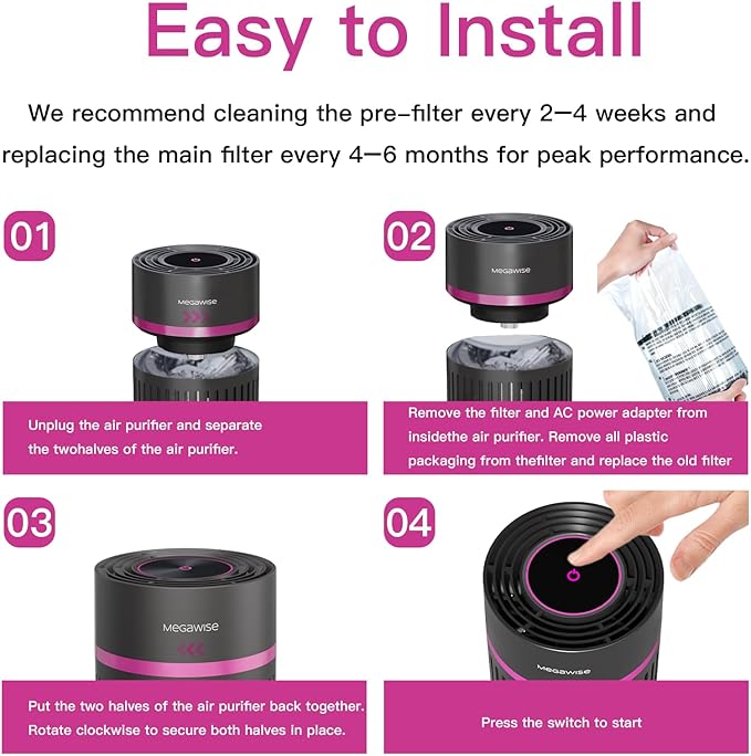 MEGAWISE Office Air Purifier with 3-in-1 HEPA Filter Desktop Air Cleaner for Smoke, Dust, Pollen, Pet Dander, HEPA Air Purifier for Home and Bedroom, 100% Ozone Free (Available for California)