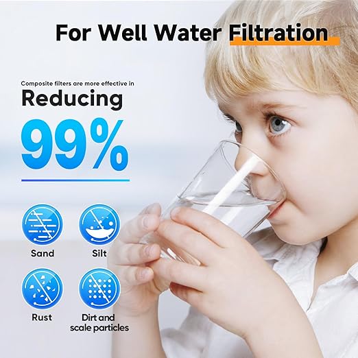 PUREPLUS 1-Stage Whole House Water Filter, with Iron Manganese Reducing Water Filter, 10"x4.5" Cartridge Universal Housing, Pre-Filtration System for Well Water, 1" NPT Port, Pressure Release
