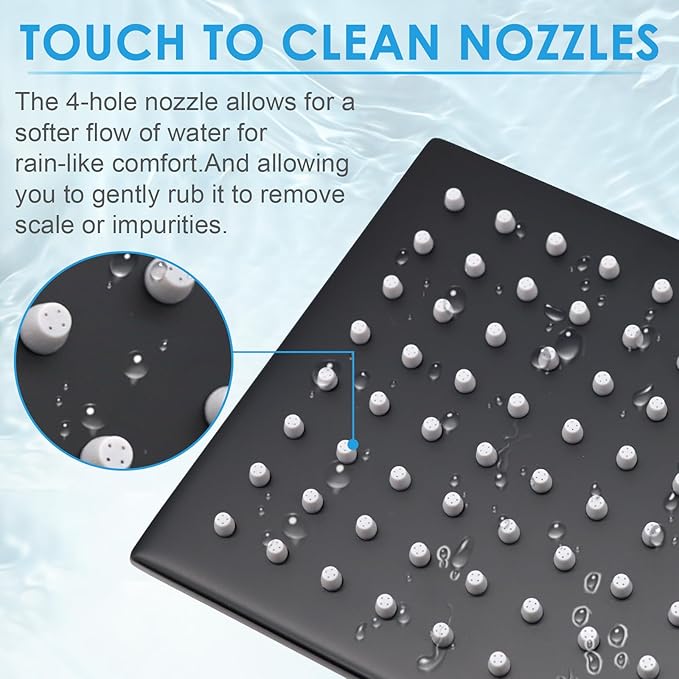 6 Inch Square Shower Head Black Stainless Steel High Pressure Rain Shower Heads with Extension Arm Adjustable Angle Replacement Shower Head for Modern Bathroom (Square, Black)