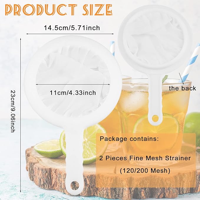 2 Piece Fine Nylon Mesh Strainer Kitchen Food Yogurt Mesh Sieve Plastic Mesh Colander with Handle Mini Brine Shrimp Separation Net for Filtering Juice Milk Soy Coffee Honey Wine Yogurt (120/200 Mesh)