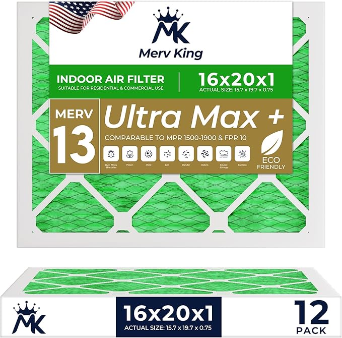 MervKing 16x20x1 Air Filter Actual Size: 15.7" x 19.7" x 0.75" MERV 13 MPR 1500-1900 | MADE IN USA | 12-Pack | Pleated HVAC AC Furnace Replacement