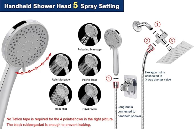 NearMoon Filtered Shower Head, High Pressure 8″Square, 5 settings Handheld Rain Shower Filter Combo with Self-adhesive Holder/1.5M Hose -1 Replaceable Filter Cartridge (Chrome Finish)
