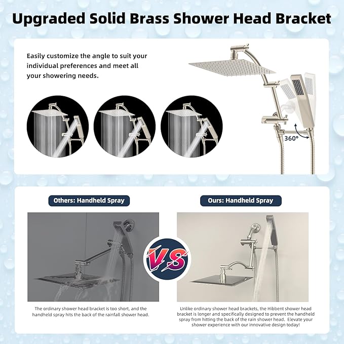 Hibbent All Metal 10'' Rainfall Shower Head, Dual Shower Head Combo, High Pressure Handheld Shower Wand, 16'' Adjustable Arc-shaped Shower Extension Arm, 71'' Hose, Showerhead Holder, Brushed Nickel